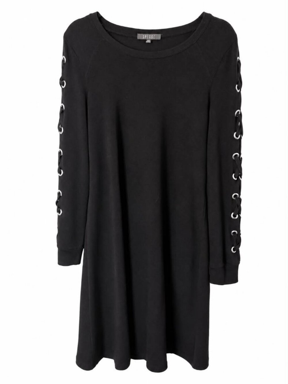 Vintage Spencer Black Knit Dress M Lace Up Sleeves Stretch Viscose Midi